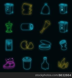 Garbage items icons set. Illustration of 16 garbage items vector icons neon color on black. Garbage items icons set vector neon