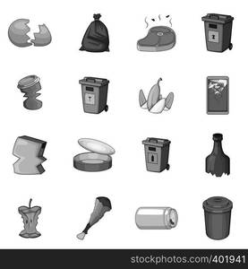 Garbage items icons set in monochrome style isolated on white background. Garbage items icons set, monochrome style