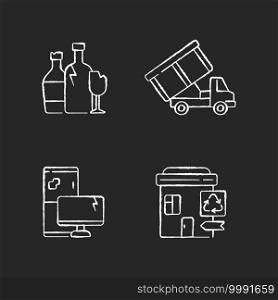 Garbage management chalk white icons set on black background. Glass recycling. Roll-off truck. Discarded electronic devices. Recycling collection center. Isolated vector chalkboard illustrations. Garbage management chalk white icons set on black background