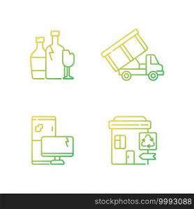 Garbage management gradient linear vector icons set. Glass recycling. Roll-off truck. E-waste. Recycling center. Thin line contour symbols bundle. Isolated vector outline illustrations collection. Garbage management gradient linear vector icons set