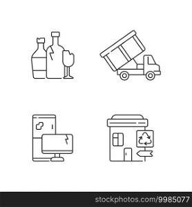 Garbage management linear icons set. Glass recycling. Roll-off truck. E-waste. Recycling center. Customizable thin line contour symbols. Isolated vector outline illustrations. Editable stroke. Garbage management linear icons set