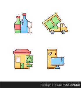 Garbage management RGB color icons set. Glass recycling. Roll-off truck. Discarded electronic devices. Recycling collection center. Non-biodegradable materials. Isolated vector illustrations. Garbage management RGB color icons set