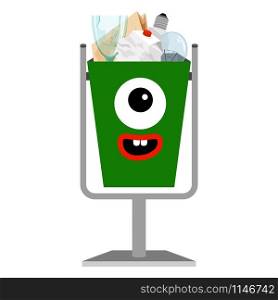 Garbage monster face can for children with e-waste, vector illustration. Kids e-waiste monster face can