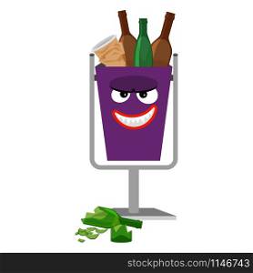 Garbage monster face can for children with glass waste, vector illustration. Garbage monster face can with glass