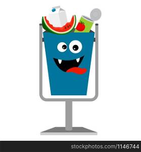 Garbage monster face can for children with house organic waste, vector illustration. Garbage monster can with organic waste