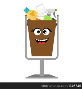 Garbage monster face can for children with household plastic waste, vector illustration. Garbage monster face can with plastic