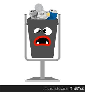 Garbage monster face can for children with metal waste, vector illustration. Garbage monster face can with metal