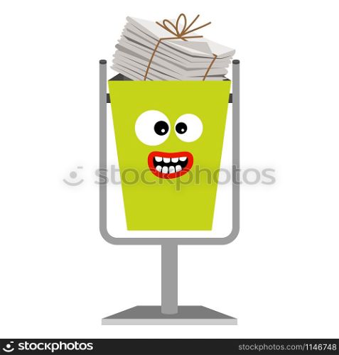 Garbage monster face can for children with paper waste, vector illustration. Garbage monster face can with paper