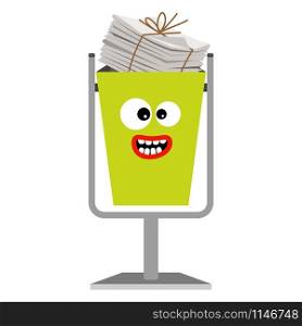 Garbage monster face can for children with paper waste, vector illustration. Garbage monster face can with paper