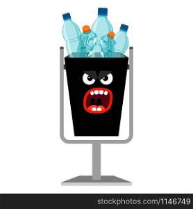 Garbage monster face can for children with plastic bottles, vector illustration. Garbage monster can with plastic bottles