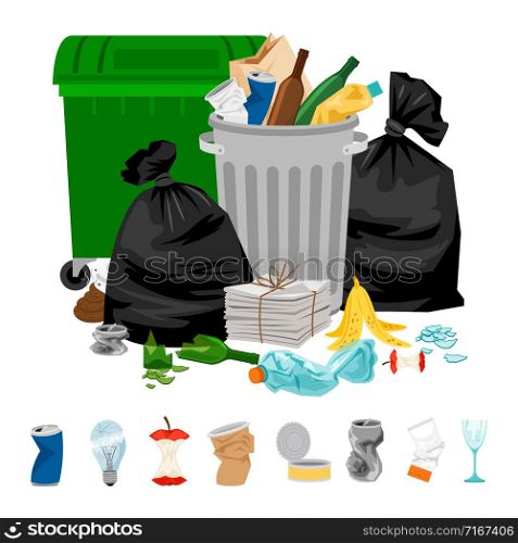 Garbage on white. Cartoon vector trash and food rubbish, litter and refuse, sweepings for waste dump for recycle, vector illustration. Garbage on white background