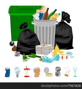 Garbage on white. Cartoon vector trash and food rubbish, litter and refuse, sweepings for waste dump for recycle, vector illustration. Garbage on white background