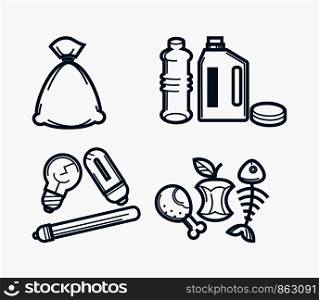 Garbage or wastes trash line icons set. Vector domestic food litter, toxic and chemical wastes in plastic and mercury electronic appliances of lamps for recycling and ecology isolated symbols set. Garbage wastes trash line vector icons set of toxic, electronic plastic and food recycling garbage