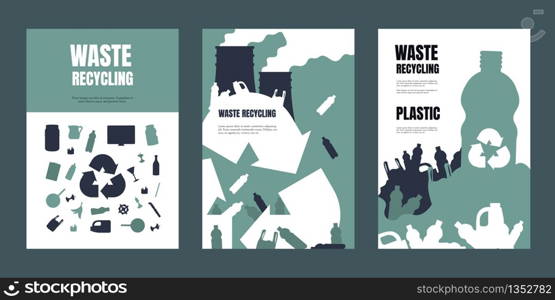 Garbage poster. Waste separation and recycling banners, trash management and environmental pollution flyers. Vector illustrations booklets and flyer of rubbish recycle set. Garbage poster. Waste separation and recycling banners, trash management and environmental pollution flyers. Vector booklets of rubbish set