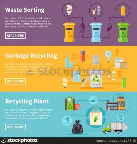 Garbage Recycling Banners Set. Recycling Flat Concept. Garbage Horizontal Banners. Recycling Vector Illustration. Garbage Recycling Set. Recycling Design Symbols. Recycling Elements Collection.