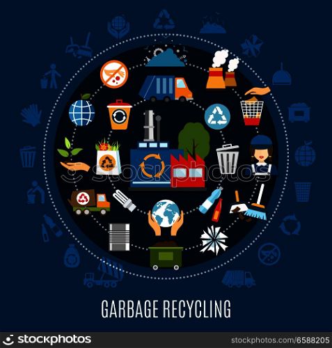 Garbage recycling circle composition with isolated silhouette icons and waste treatment pictograms located along concentric circles vector illustration. Garbage Removal Round Composition