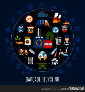 Garbage recycling circle composition with isolated silhouette icons and waste treatment pictograms located along concentric circles vector illustration. Garbage Removal Round Composition