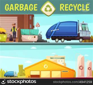 Garbage Recycling Company 2 Cartoon Banners. Garbage recycling green eco friendly service symbol and processing facilities 2 cartoon style banners isolated vector illustration