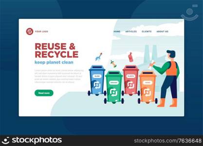 Garbage recycling concept banner for website with clickable buttons links editable text and waste separation images vector illustration