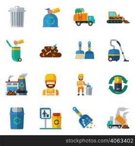 Garbage recycling flat color icons set of dump truck garbage can processing plant isolated vector illustration. Garbage Recycling Color Icons