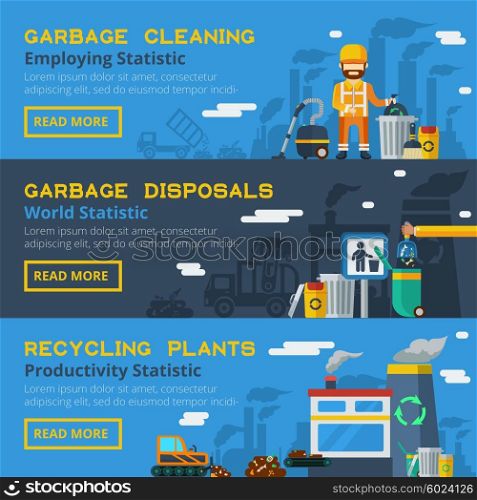Garbage Recycling Horizontal Banners Set . Garbage recycling flat horizontal banners set of employees icons and productivity of processing plants statistics vector illustration