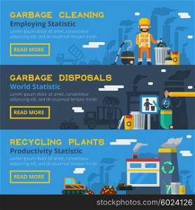 Garbage Recycling Horizontal Banners Set . Garbage recycling flat horizontal banners set of employees icons and productivity of processing plants statistics vector illustration