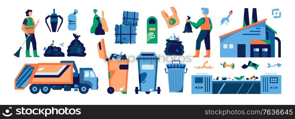 Garbage recycling horizontal set with waste sorting symbols flat isolated vector illustration