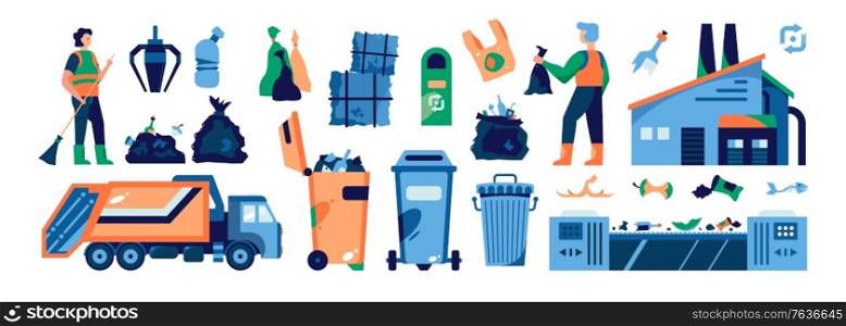 Garbage recycling horizontal set with waste sorting symbols flat isolated vector illustration