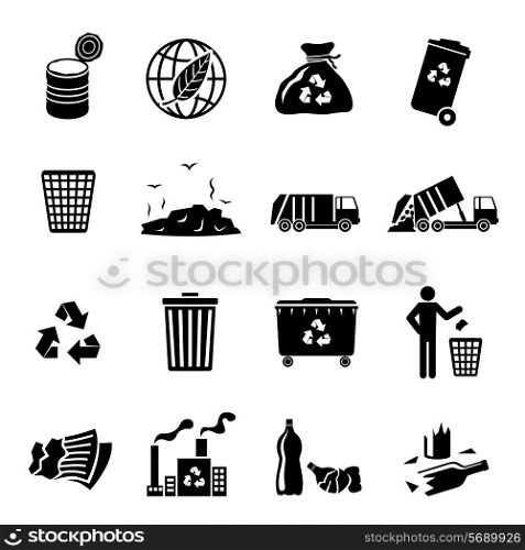 Garbage recycling icons black set of landfill trash truck dump isolated vector illustration