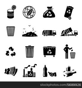 Garbage recycling icons black set of landfill trash truck dump isolated vector illustration