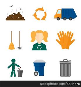 Garbage recycling icons flat set of landfill truck gloves isolated vector illustration