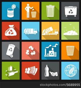 Garbage recycling icons flat set of trash bin bottle litter isolated vector illustration