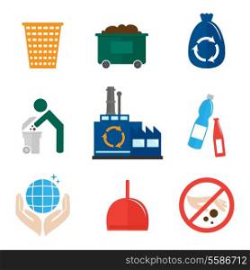 Garbage recycling icons flat set of waste bin dumpster hygienic bag isolated vector illustration.
