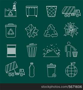 Garbage recycling icons outline set of landfill truck bottle isolated vector illustration