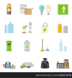 Garbage Recycling Icons Set . Garbage Icons Set. Recycling Vector Illustration. Recycling Flat Symbols. Recycling Design Set. Garbage Recycling Collection.