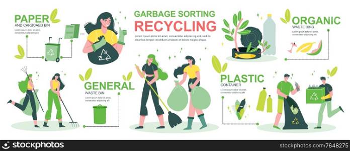 Garbage recycling infographics with people sorting household garden waste in organic bin plastic paper containers vector illustration