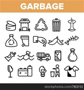Garbage Recycling Linear Vector Icons Set. Trash, Garbage Thin Line Contour Symbols Pack. Earth Pollution Pictograms Collection. Environment Contamination. Hazardous Waste Outline Illustrations. Garbage Recycling Linear Vector Icons Set Thin Pictogram