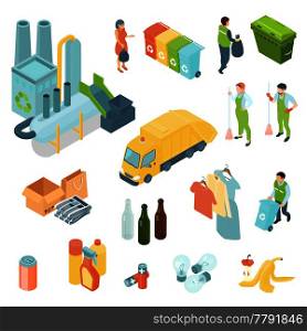 Garbage recycling set of isometric icons with waste processing plant, refuse truck, trash bins isolated vector illustration. Garbage Recycling Isometric Icons Set