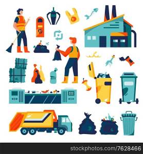 Garbage recycling set with waste sorting symbols flat isolated vector illustration