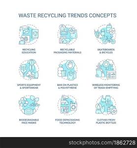 Garbage recycling trends concept icons set. Environmental problems. Reduction in world pollution idea thin line color illustrations. Vector isolated outline drawings. Editable stroke. Garbage recycling trends concept icons set