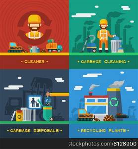 Garbage Removal 2x2 Design Concept. Garbage removal 2x2 flat design concept with rubbish cleaning disposal technique and recycling plants vector illustration