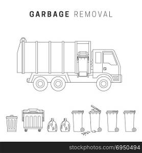 Garbage removal line illustration. Line drawings of garbage truck and dumpsters.