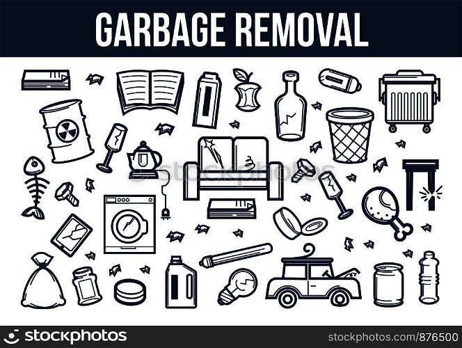 Garbage removal set of ruined appliances and furniture with litter. Rubbish and food remnants monochrome outline sketches. Domestic and industrial dirty wastes cartoon flat vector illustrations.. Garbage removal set of ruined appliances and furniture with litter