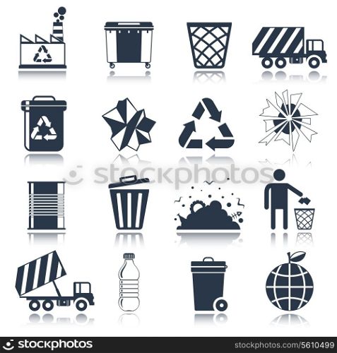 Garbage rubbish green cleaning hygienic symbols website black icons set isolated vector illustration