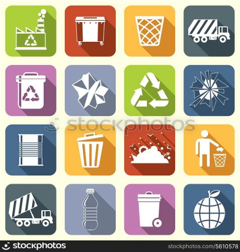 Garbage rubbish green recycling symbols flat interface icons set isolated vector illustration