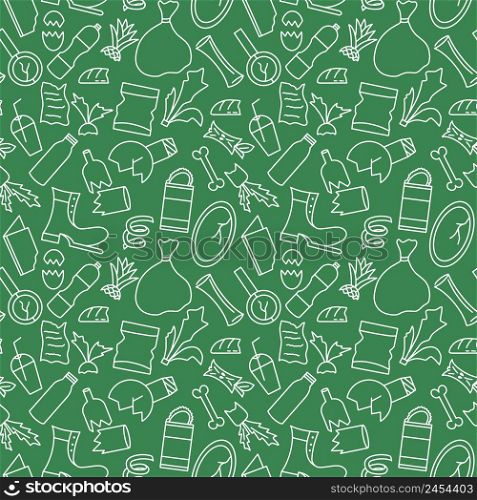 Garbage seamless pattern. Background silhouettes ounlocked trash on green background. Model concept natural pollution. Template plastic, glass and organic waste vector illustration. Garbage seamless pattern