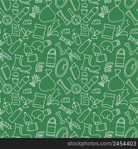 Garbage seamless pattern. Background silhouettes ounlocked trash on green background. Model concept natural pollution. Template plastic, glass and organic waste vector illustration. Garbage seamless pattern
