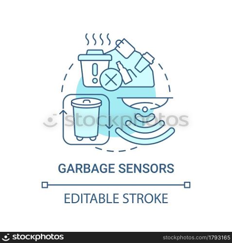 Garbage sensors blue concept icon. Ecological solution for trash collecting abstract idea thin line illustration. Detect full litter container. Vector isolated outline color drawing. Editable stroke. Garbage sensors blue concept icon