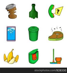 Garbage service cleaning icon set. Cartoon set of 9 garbage service cleaning vector icons for web design isolated on white background. Garbage service cleaning icon set, cartoon style