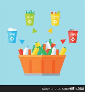 Garbage Sorting Concept. Garbage sorting concept. Process of sorting garbage. Waste recycling concept. Sorting process different types of waste. Garbage destroying. Website design template. Vector illustration in flat style
